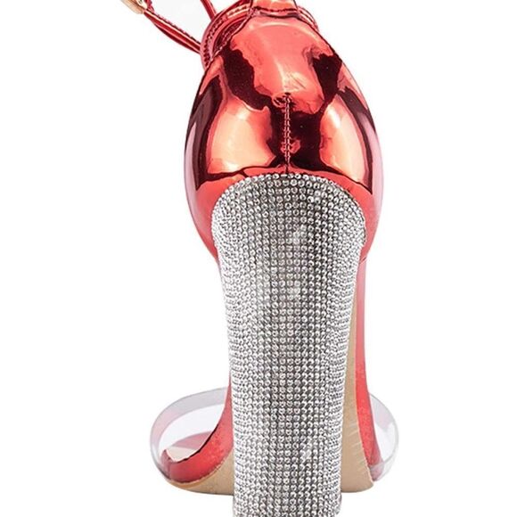 Red High Heels Sandals with Rhinestone Block Heel & Strappy Adjustable Ankle - Picture 6 of 10